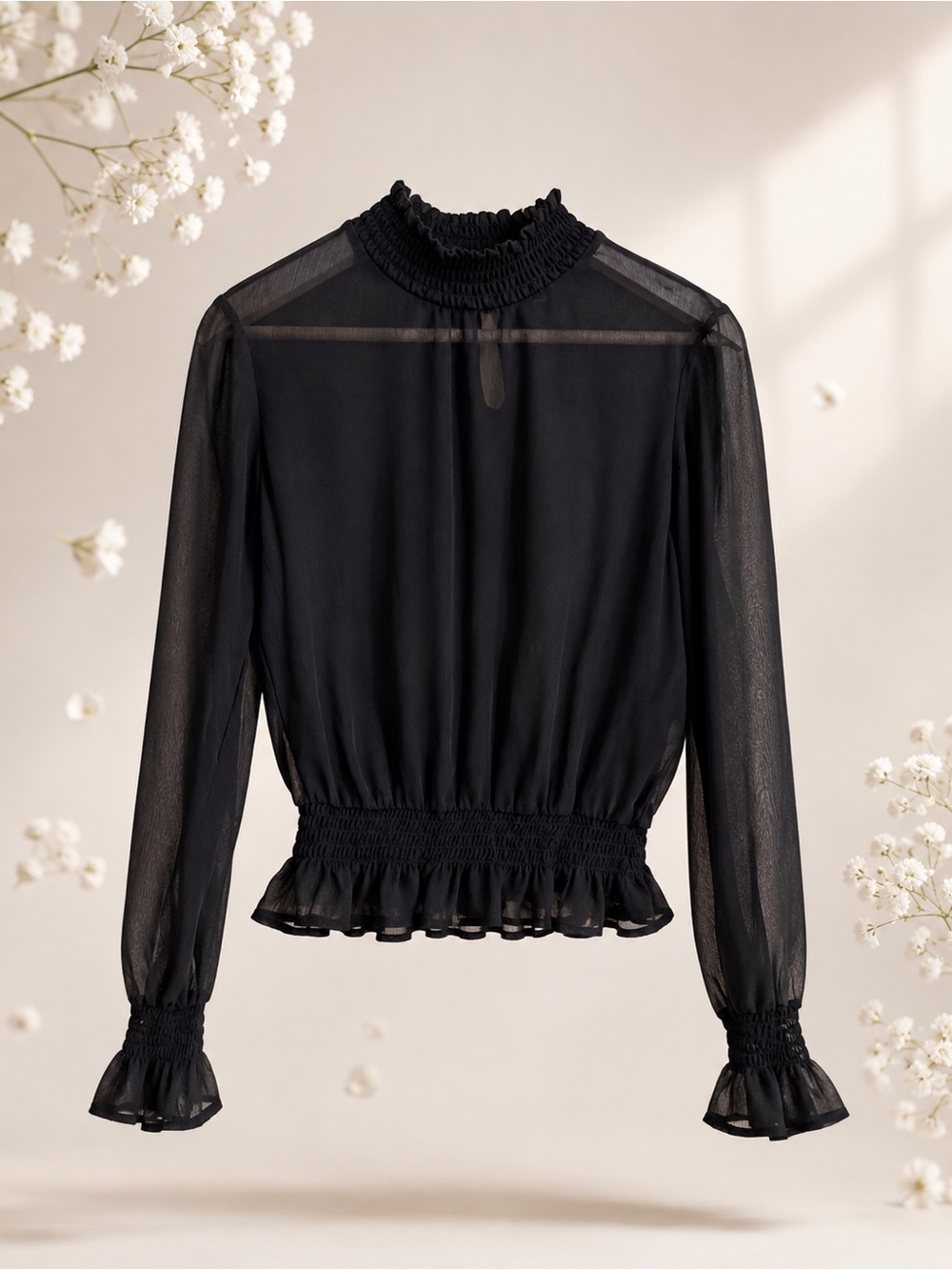 Rue21 Black Sheer Smocked-Waist Long Sleeve Blouse
